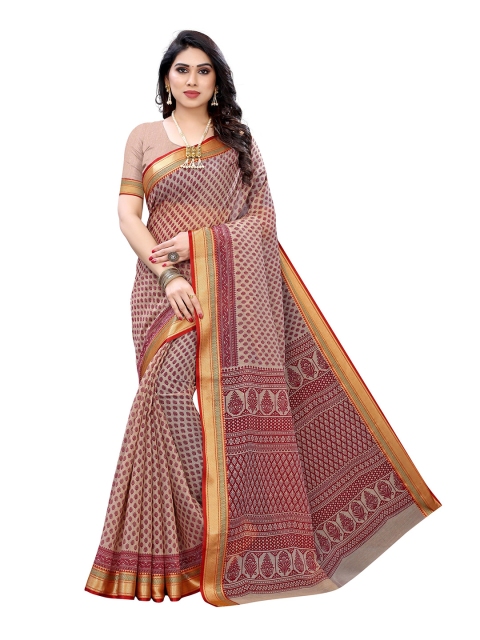 

KALINI Beige & Maroon Floral Pure Cotton Saree