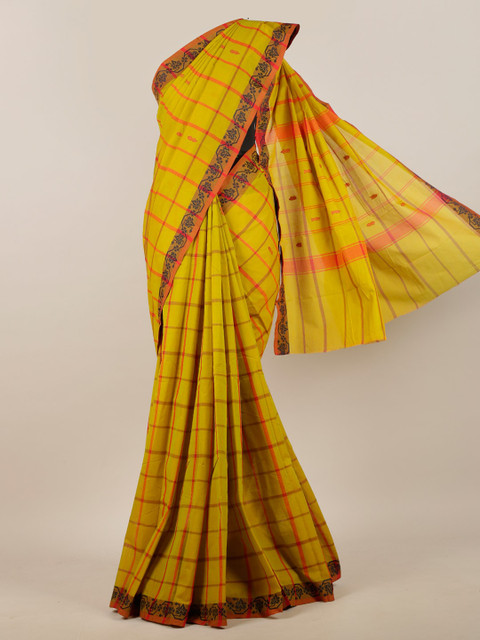 

Pothys Mustard Yellow & Red Checked Pure Cotton Saree