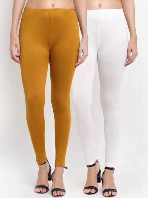 NEUDIS Women Pack Of 2 Solid Ankle-Length Leggings, Mustard