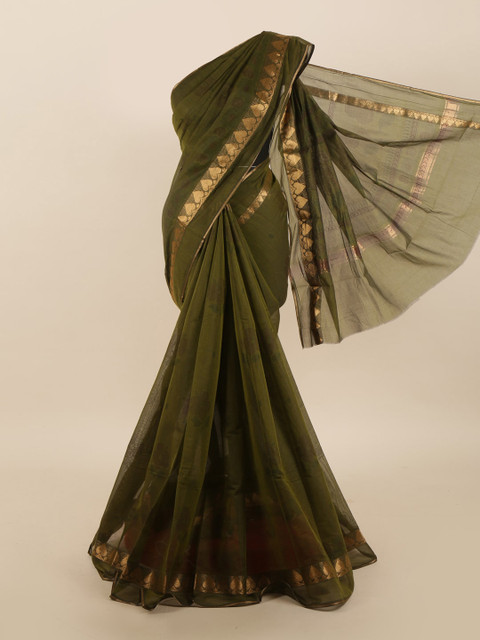 

Pothys Olive Green & Gold-Toned Woven Design Zari Silk Cotton Saree