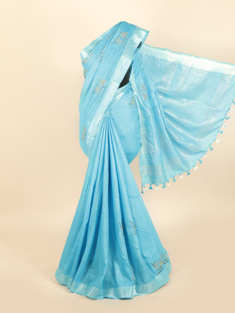 

Pothys Blue & Beige Ethnic Motifs Zari Linen Blend Saree