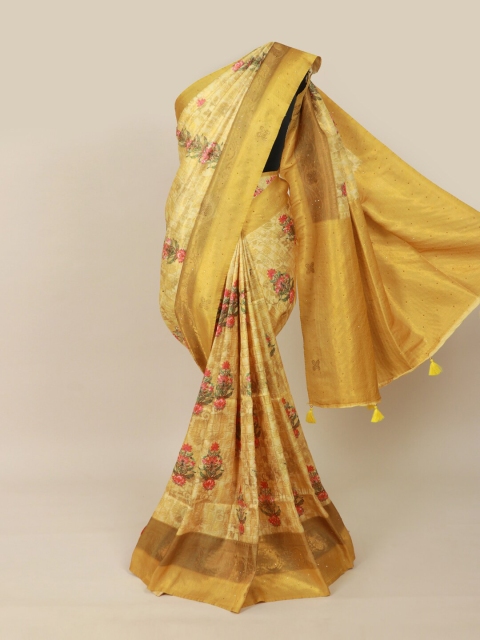

Pothys Mustard Yellow & Pink Floral Silk Blend Saree