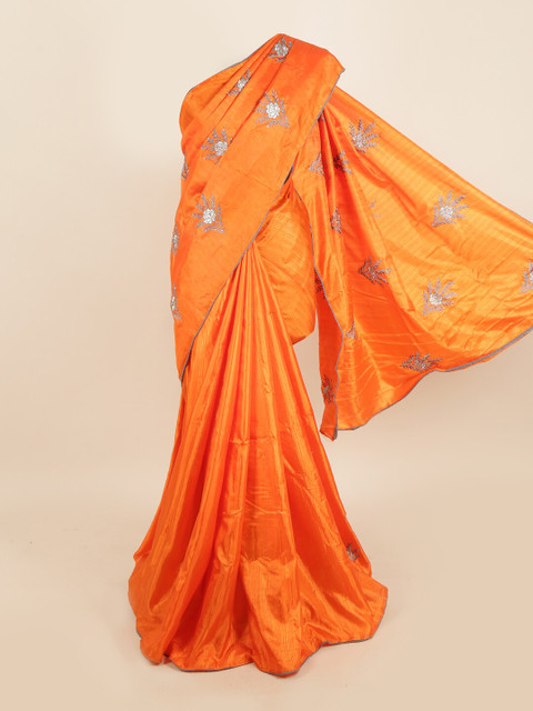 

Pothys Orange & Grey Floral Jute Silk Saree