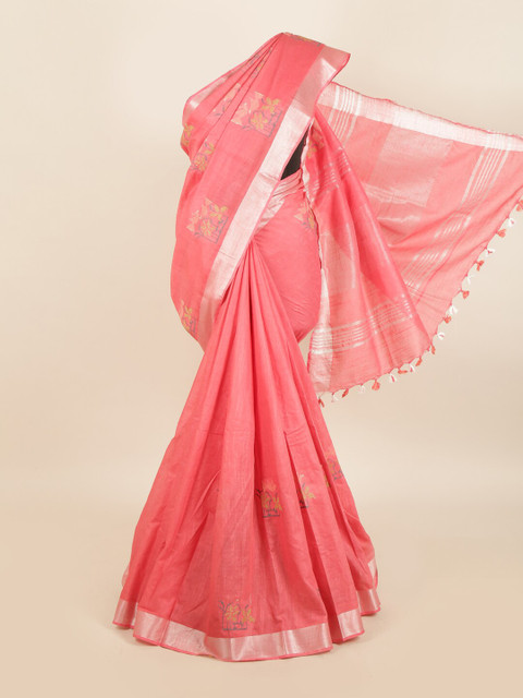 

Pothys Pink & Silver-Coloured Floral Printed Linen Blend Saree