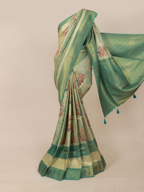 

Pothys Cream-Coloured & Green Floral Beads and Stones Silk Blend Saree