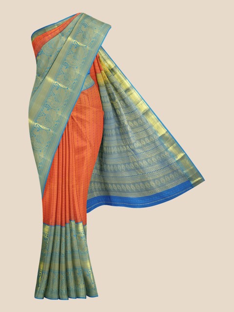 

Kalamandir Orange & Blue Colourblocked Half and Half Kanjeevaram Saree