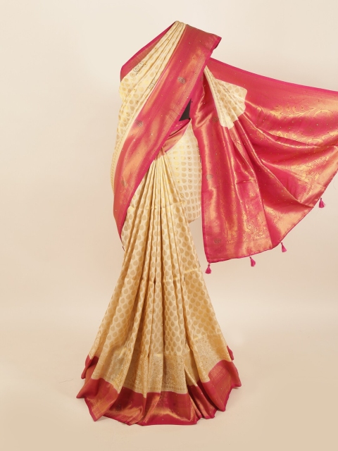 

Pothys Cream-Coloured & Red Woven Design Jute Silk Saree