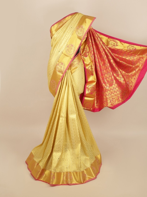 

Pothys Cream-Coloured & Pink Woven Design Zari Silk Blend Saree