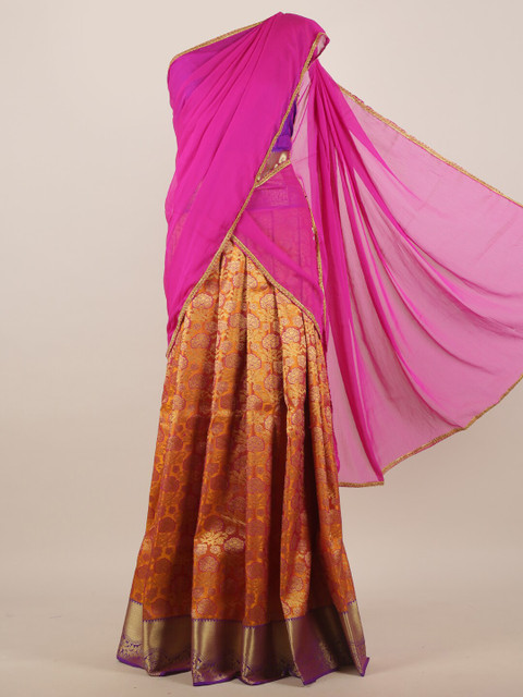 

Pothys Orange & Purple Floral Half & Half Saree