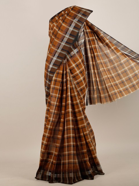 

Pothys Brown & Silver-Toned Checked Pure Cotton Saree