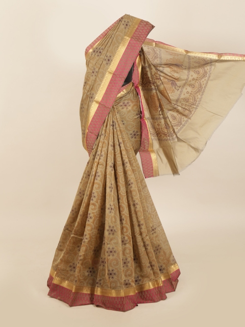 

Pothys Tan Brown & Pink Floral Zari Silk Cotton Saree