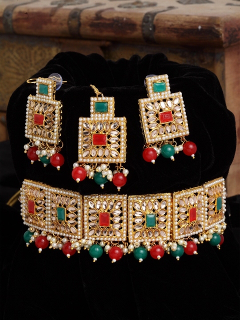 

Shining Diva Gold-Plated White & Red Kundan Studded Choker Jewellery Set