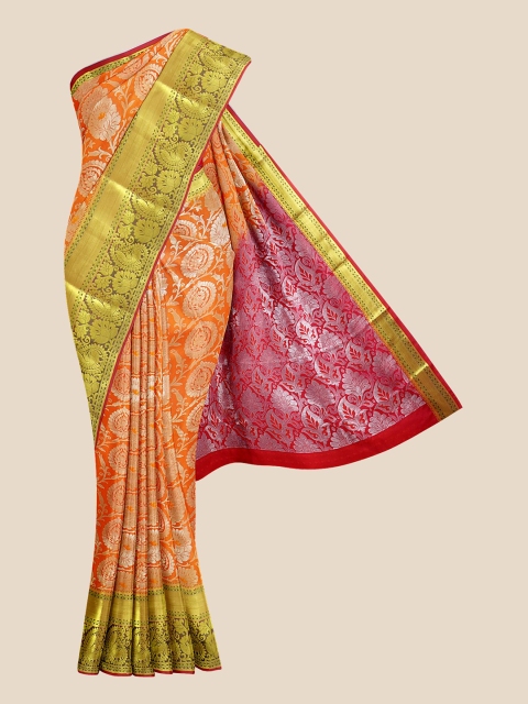 

Kalamandir Orange & Golden Ethnic Motifs Silk Blend Kanjeevaram Saree