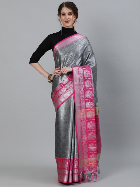 

KALINI Grey & Pink Ethnic Motifs Zari Art Silk Banarasi Saree