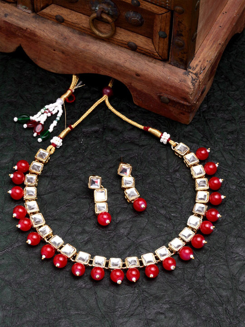 

Shining Diva Gold-Plated Red & White Kundan-Studded Jewellery Set