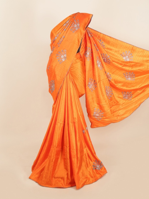 

Pothys Orange & Grey Floral Zardozi Jute Silk Saree