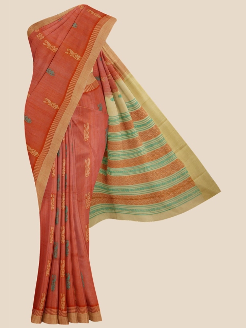 

Kalamandir Coral Red & Cream-Coloured Ethnic Motifs Pure Cotton Venkatgiri Saree