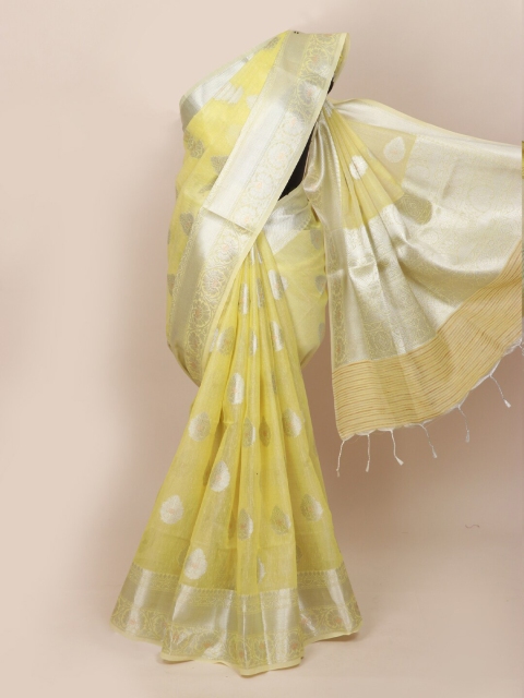 

Pothys Yellow & Silver-Toned Floral Zari Tissue Saree