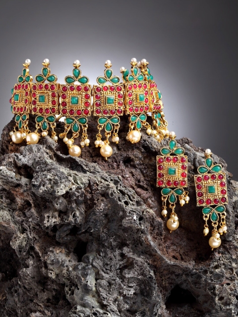 

Shining Diva Gold-Plated Red & Green Stone-Studded Pearl Beaded Jewellery Set