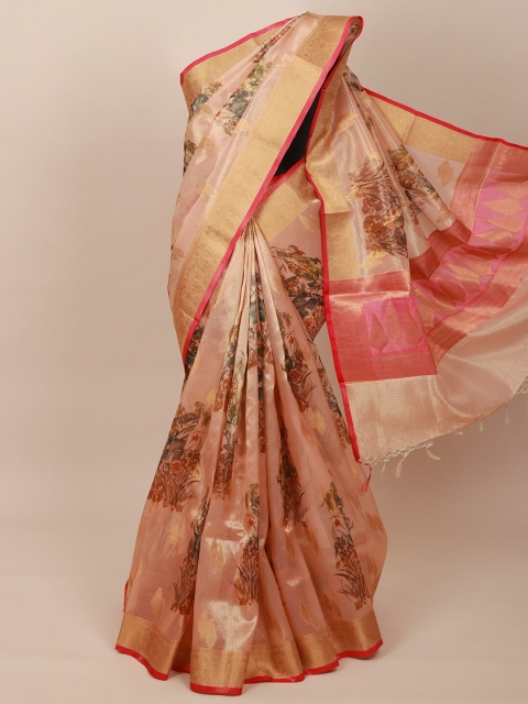

Pothys Peach-Coloured & Gold-Toned Floral Art Silk Banarasi Saree
