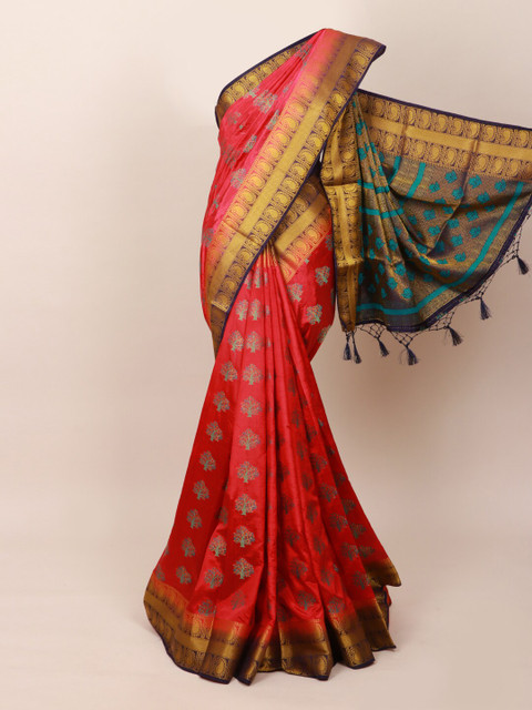 

Pothys Pink & Turquoise Blue Floral Zari Art Silk Saree