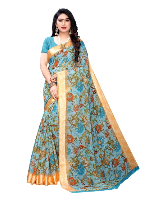 

KALINI Women Blue Pure Linen Floral Printed Saree