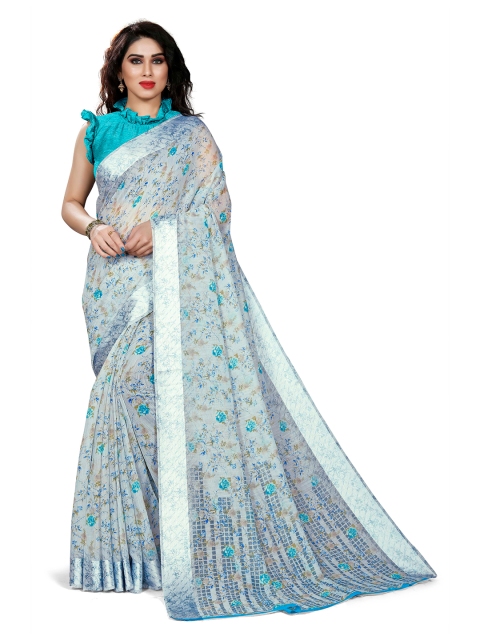 

KALINI Blue & Silver-Coloured Floral Bagh Saree