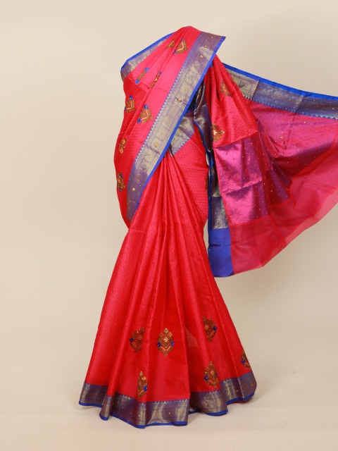 

Pothys Magenta & Blue Floral Beads and Stones Jute Cotton Saree