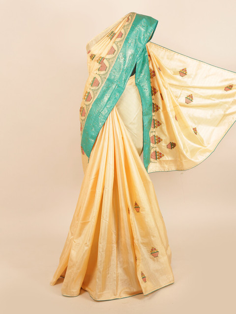 

Pothys Cream-Coloured & Blue Embroidered Beads and Stones Jute Silk Heavy Work Saree