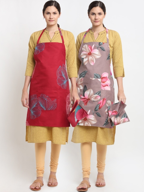 

NEUDIS Pack Of 2 Red & Grey Printed 210TC Apron With Front Centre Pocket & Napkin