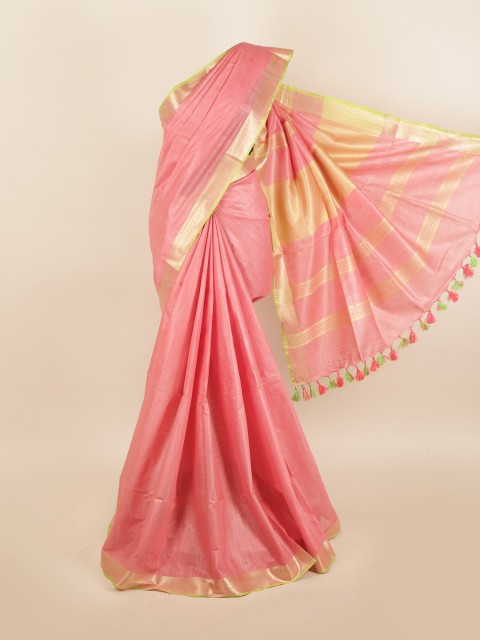 

Pothys Pink & Gold-Toned Zari Linen Blend Saree
