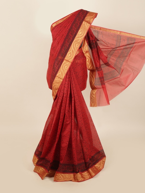 

Pothys Red & Gold-Toned Floral Zari Silk Cotton Saree