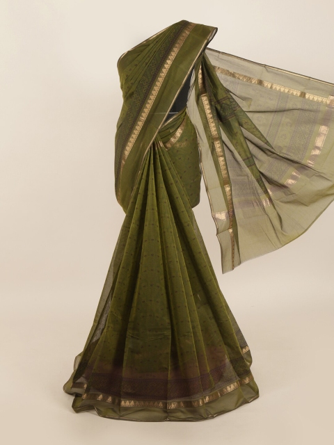 

Pothys Green & Brown Floral Zari Silk Cotton Saree