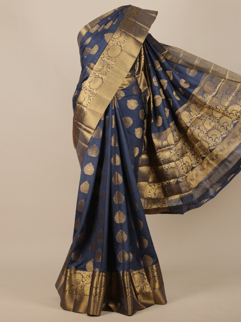 

Pothys Navy Blue & Gold-Toned Floral Zari Jute Silk Saree