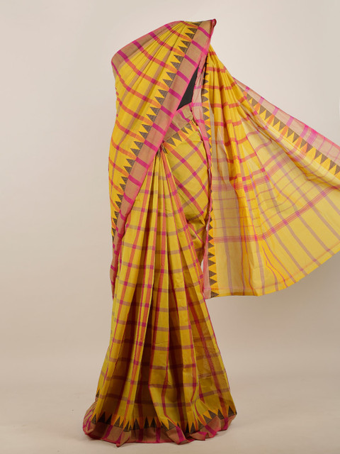 

Pothys Yellow & Pink Checked Pure Cotton Saree