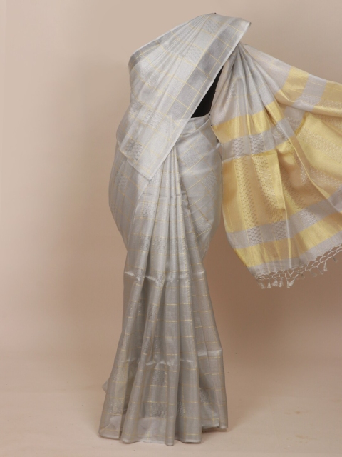 

Pothys Silver-Toned & Gold-Toned Checked Tissue Saree