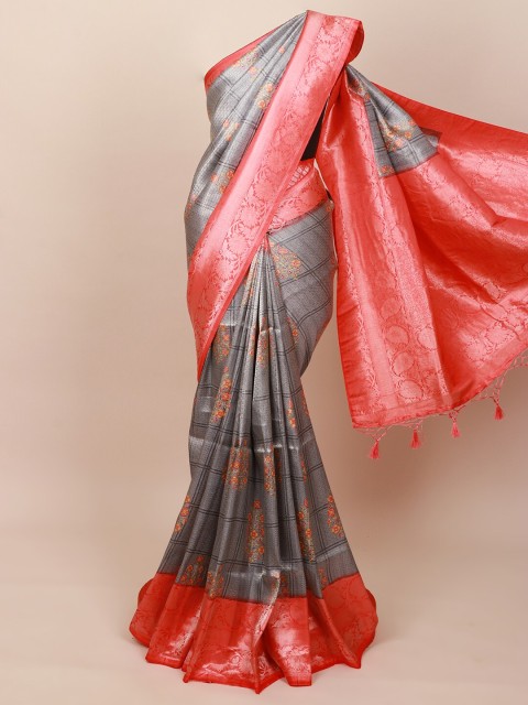 

Pothys Grey & Pink Floral Art Silk Banarasi Saree