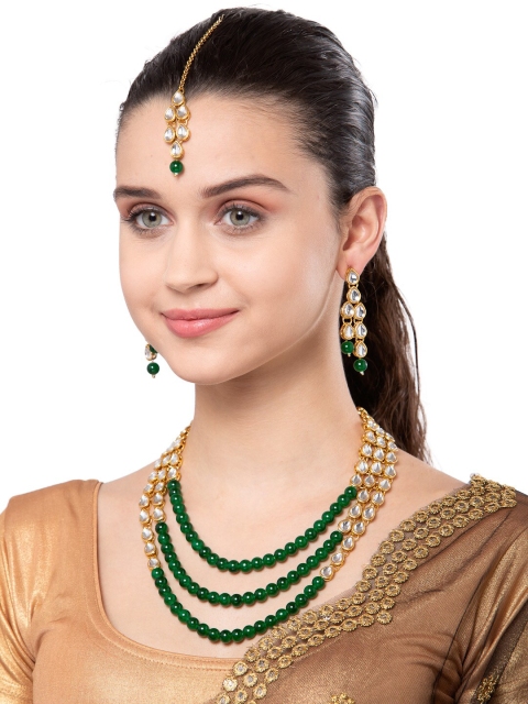 

Shining Diva Gold-Plated Green & White Kundan-Studded Layered Jewellery Set