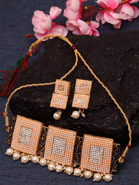 

Shining Diva Gold-Plated & White Pearls Studded Meenakari Choker Jewellery Set