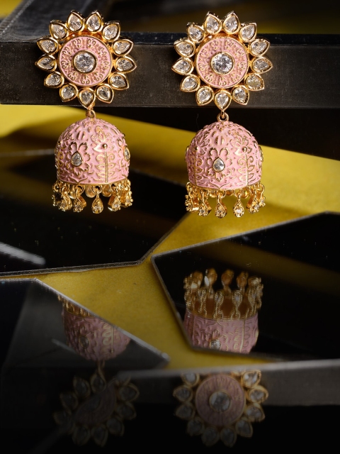 

Saraf RS Jewellery Gold-Plated & Pink Enamelled AD Studded Dome Shaped Jhumkas