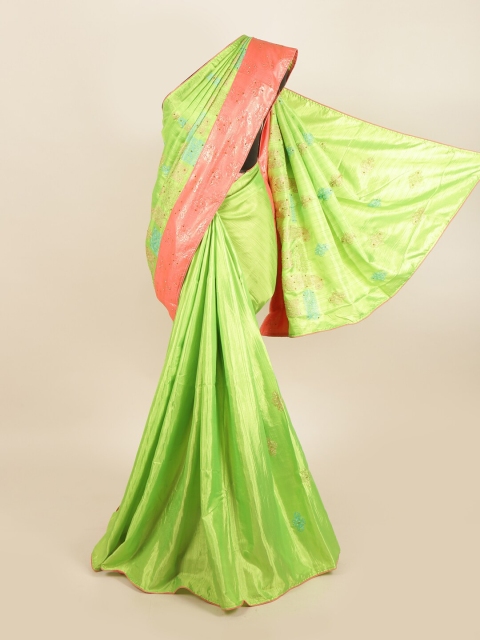

Pothys Green & Pink Floral Embroidered Jute Silk Saree