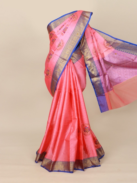 

Pothys Pink & Blue Ethnic Motifs Embroidered Jute Cotton Saree