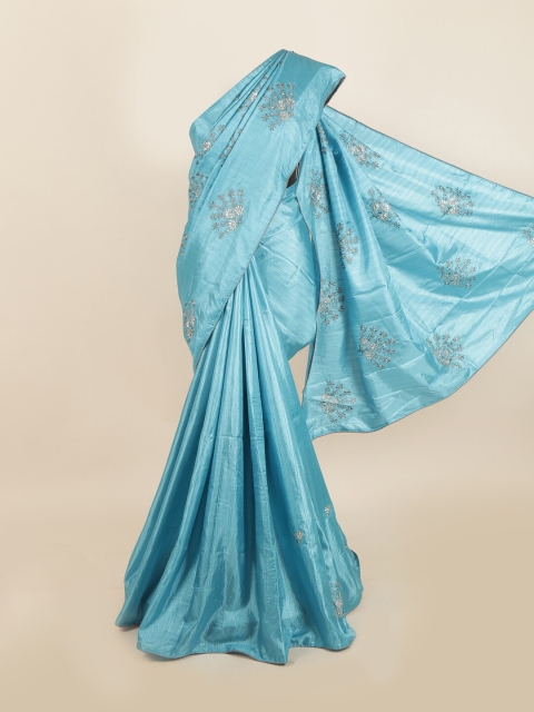 

Pothys Blue & Silver Embroidered With Beads and Stones Jute Silk Saree