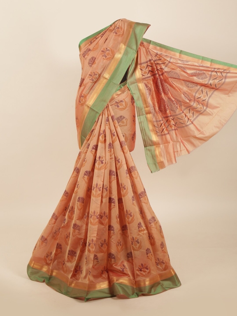 

Pothys Peach-Coloured & Green Floral Silk Cotton Saree