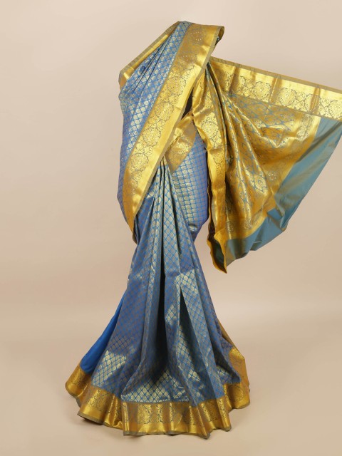 

Pothys Blue & Gold-Toned Ethnic Motifs Zari Silk Blend Saree