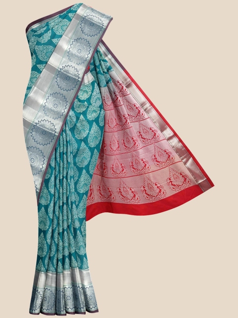 

Kalamandir Teal Blue & Silver Ethnic Motifs Zari Kanjeevaram Saree