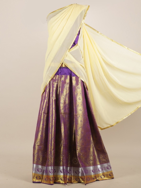 

Pothys Cream-Coloured & Violet Woven Design Zari Half Saree