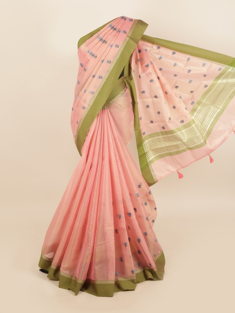 

Pothys Pink & Green Embroidered Beads and Stones Tissue Saree