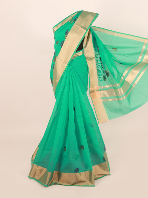 

Pothys Sea Green & Navy Blue Floral Embroidered Silk Cotton Saree