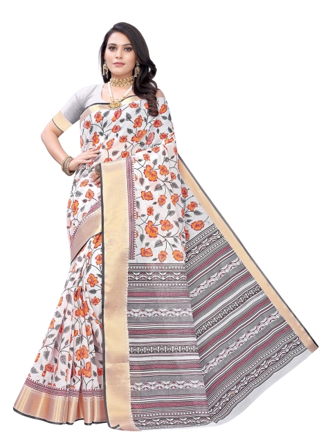 KALINI Off White & Orange Floral Zari Border Pure Cotton Saree